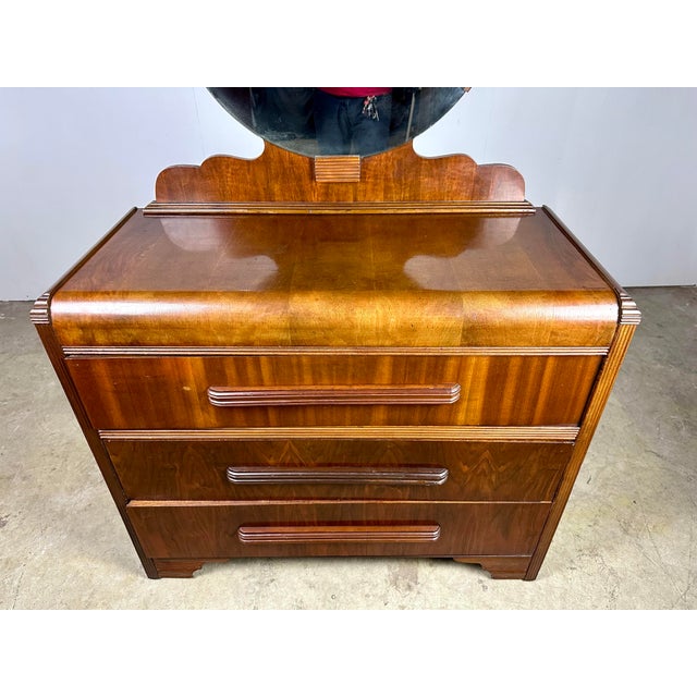 1940’s Art Deco Waterfall Chest of Drawers / Dresser With Round Mirror