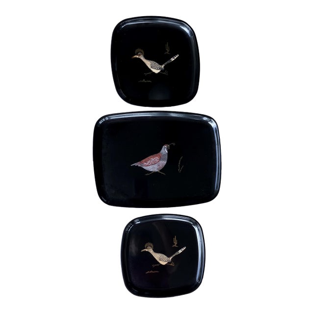 Circa 1970 Couroc Quail & Roadrunner Three-Piece Tray Ensemble For Sale