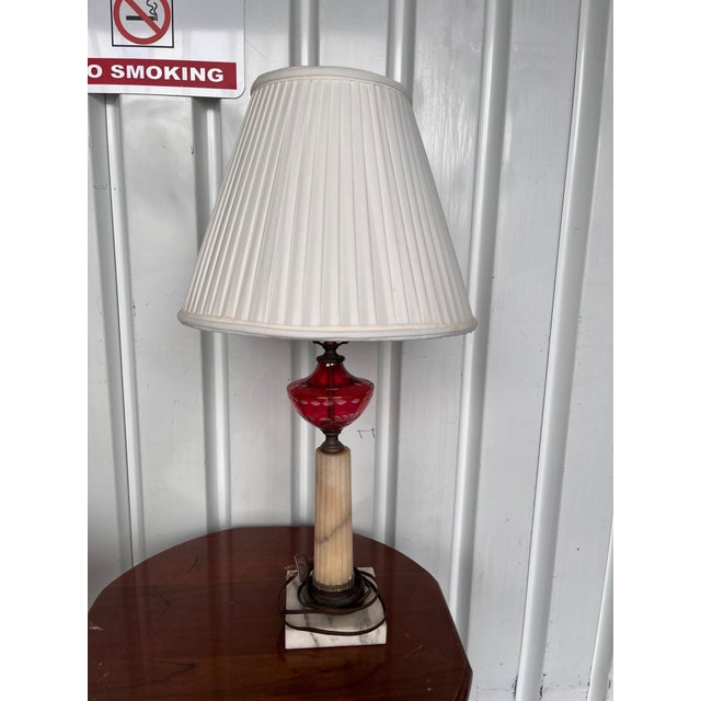 American 1940s Re-Worked Oil Lamps in Cranberry Glass, Alabaster and Marble With Silk Shades - a Pair For Sale - Image 3 of 3