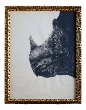 Large Framed Drawing of a Baby Rhino Head