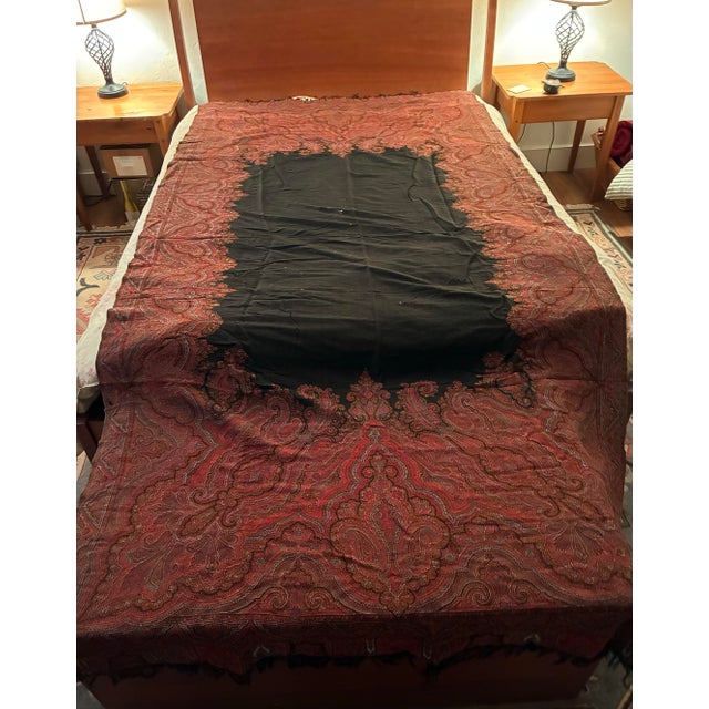 Victorian Antique Victorian Paisley Piano Shawl 54x132 Kashmir Style Wool Throw Long Textile Tapestry Red Black Boho Decor For Sale - Image 3 of 12