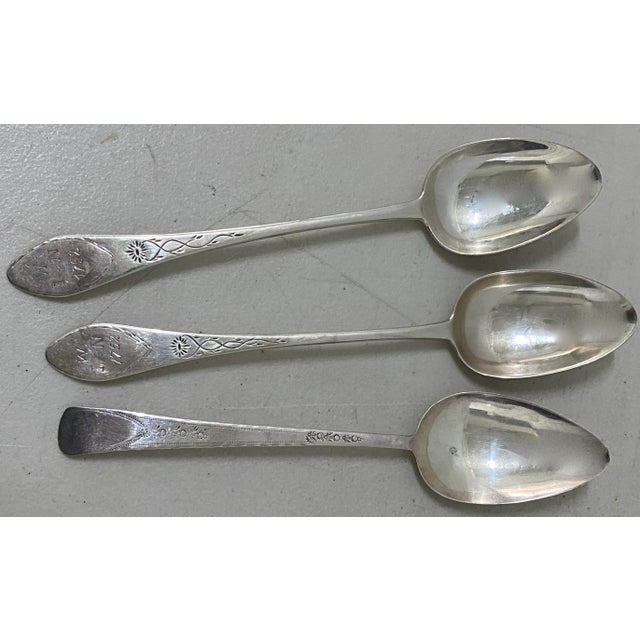 Silver Three Early American Mid 18th Century Etched Sterling Spoons C.1752 For Sale - Image 8 of 8