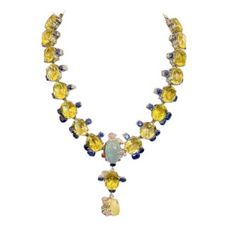 Bochic Capri Vintage 18K Gold & Silver Necklace, 74ct Multi Gemstones For Sale