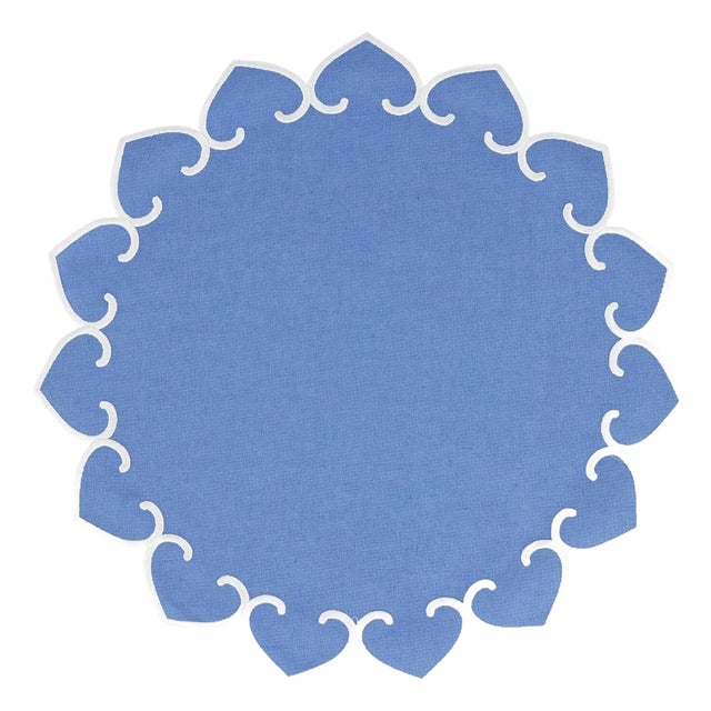 Tessuti Cornflower Blue Round Placemats with White Stitching - Set of 4 For Sale