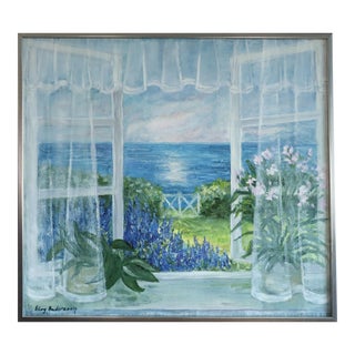 Mid-Century Modern 'The Open Window' Swedish Expressive Coastal View Oil Painting, Framed For Sale