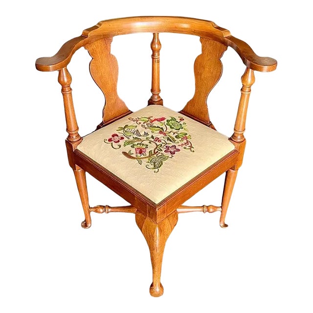 Virginia Craftsmen Corner Chair-Handstitched Crewel Seat-Colonial Style-Cottage For Sale