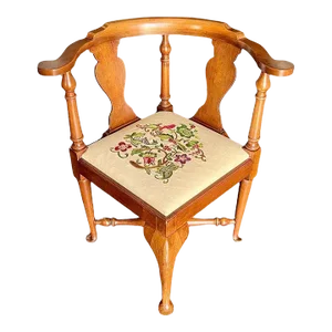 Virginia Craftsmen Corner Chair-Handstitched Crewel Seat-Colonial Style-Cottage