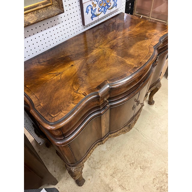 Antique book-matched walnut veneer George II style cabinet on stand (1-pc); banded inlay & gilt gesso base w/central shell...