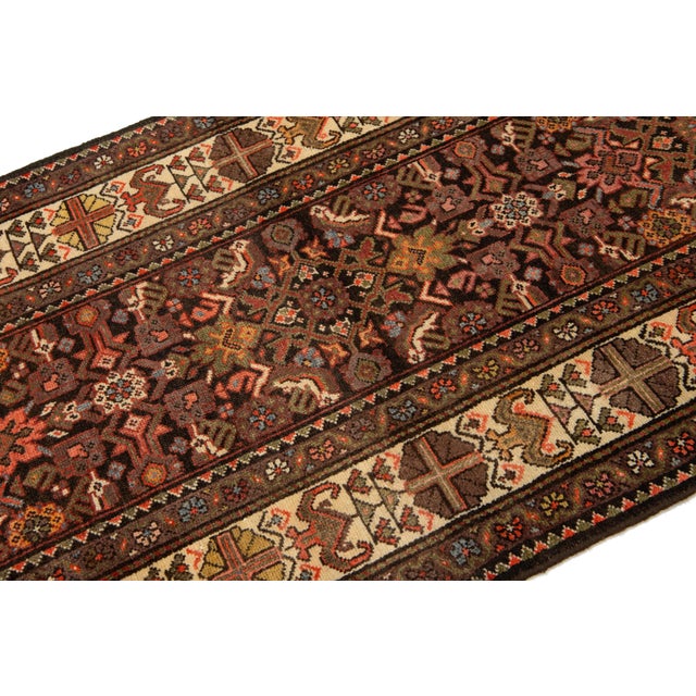 Brown Antique Malayer Wool Runner Handmade With Multicolor Floral Design For Sale - Image 8 of 9
