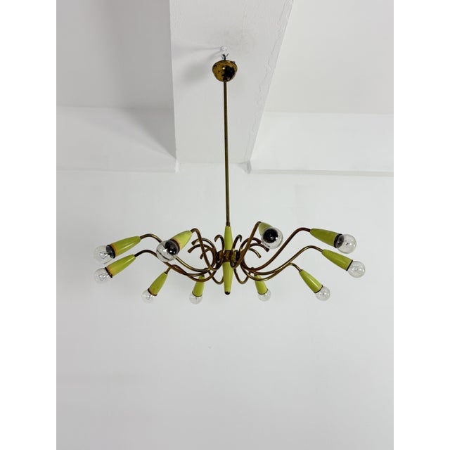 Brass 10-Light Chandelier with Green Cones in the style of Stilnovo, 1950s For Sale - Image 11 of 11