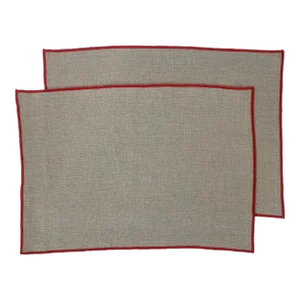 FirmaMenta Italian Natural Raw Linen Placemats With Red Embroidered Edge. A Pair