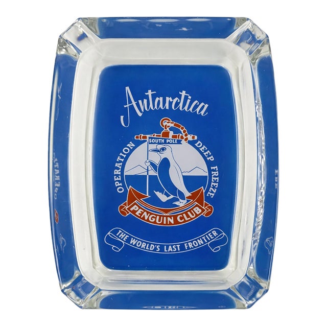 Vintage Antarctica Operation Deep Freeze Penguin Club Glass Ashtray For Sale