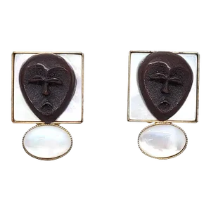 Vintage Signed Philippe Ferrandis Paris African Mask Clip Earrings- 2 Pieces
