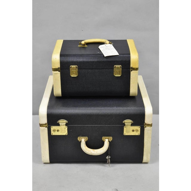Vintage Art Deco Black & White Hard Case Travel Luggage Suitcase - 2 Pc Set. Circa Mid 20th Century. Measurements: Small:...