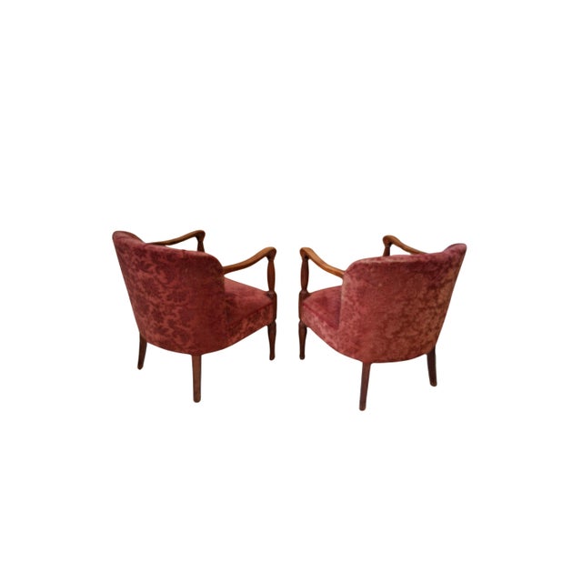 Mid-Century Modern Vintage Oak and Damask Velvet Armchairs, 1960s, Set of 2 For Sale - Image 3 of 13