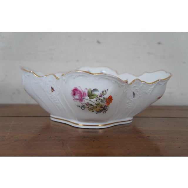 Late 19th Century Late 19th Century Antique German Dresden Ruffled Serpentine Floral Butterfly Bowl Compote For Sale - Image 5 of 12