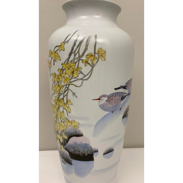 Late 20th Century Japanese White Porcelain Flower Vase, Hand-Painted With Birds For Sale - Image 5 of 7