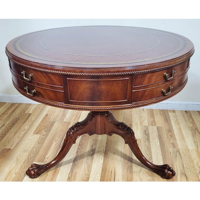English Vintage American Mahogany Gilt Tooled Leather Top Drum Table by Weiman Heirloom For Sale - Image 3 of 15