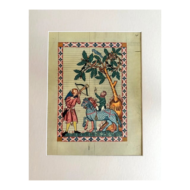 Vintage Print from the 14th c. Codex Manesse in 14x18 Mat: "Kol von Nüssen", EUC For Sale