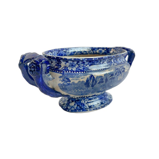Ink Blue 1930's Blue Staffordshire Transferware Euston Hall Pedestal Tureen For Sale - Image 8 of 9