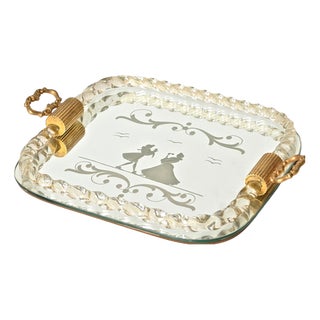 Small Gilt Mirror-Engraved Murano Glass Serving Tray from Barovier, Italy, 1940s For Sale
