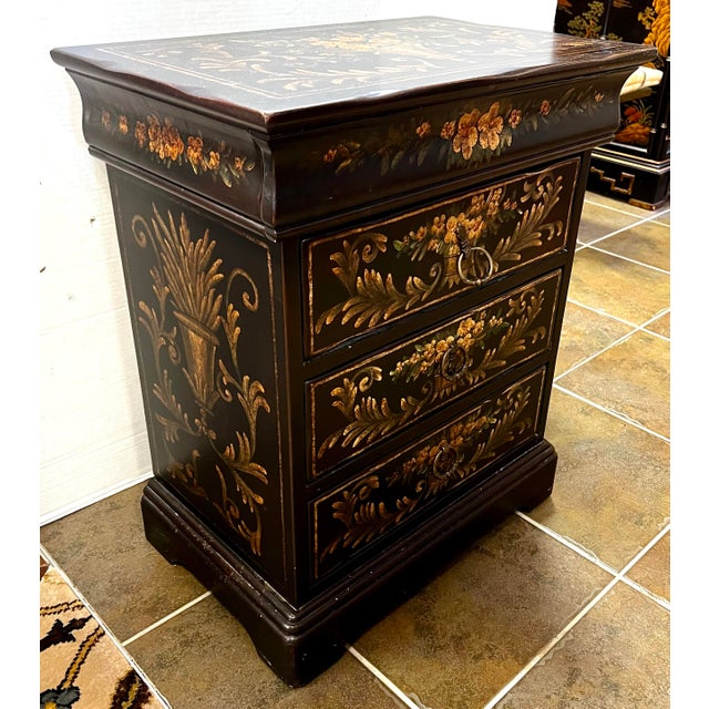 Chinoiserie Chinoiserie Hand Painted Black Lacquered Small Chest For Sale - Image 3 of 6