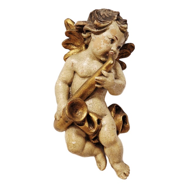 Winged Putto Playing the Wind Instrument Carved in Wood, Early 1900s For Sale
