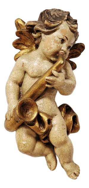 Winged Putto Playing the Wind Instrument Carved in Wood, Early 1900s