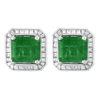 AGL Certified Minor Traditional 5 Carat Colombian Emerald Diamond Stud Earrings For Sale