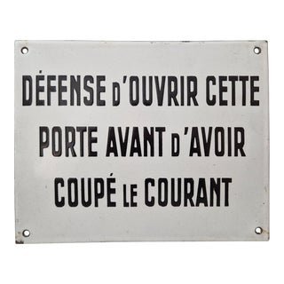 1930s French Enamel Industrial Warning Wall Plaque Sign For Sale
