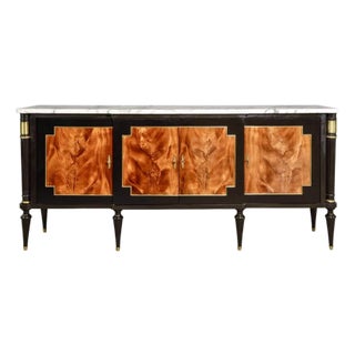 French Louis XVI Style Black Lacquered Sideboard Credenza With Marble Top and Burled Walnut For Sale