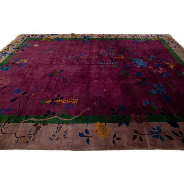 1920s Art Deco Antique Purple Wool Rug Handmade With Chinese Floral Motif For Sale - Image 5 of 10
