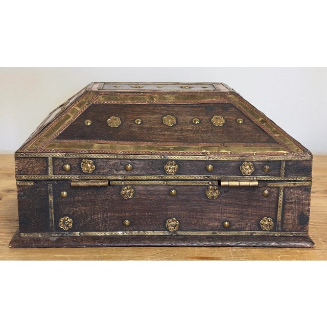 Vintage Wooden Hinged Box W Metalwork Detail For Sale In Kansas City - Image 6 of 10
