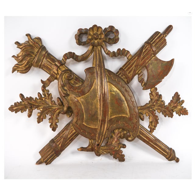 Neoclassical Vintage Carved Gilt Armorial Wall Crest Sculpture For Sale - Image 3 of 17