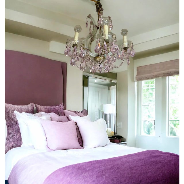 Victorian 1950s Strass Swarovski Crystal Santa Maria Murano Glass & Brass Pink Chandelier For Sale - Image 3 of 12