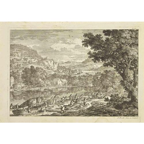 Landscape is an etching realized by Adam Pérelle in 18th Century. Good conditions. Signed on Plate. The artwork is...