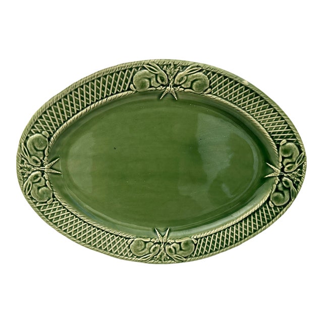 Vintage Bordalo Pinheiro Basketweave Bunny Oval Tray For Sale
