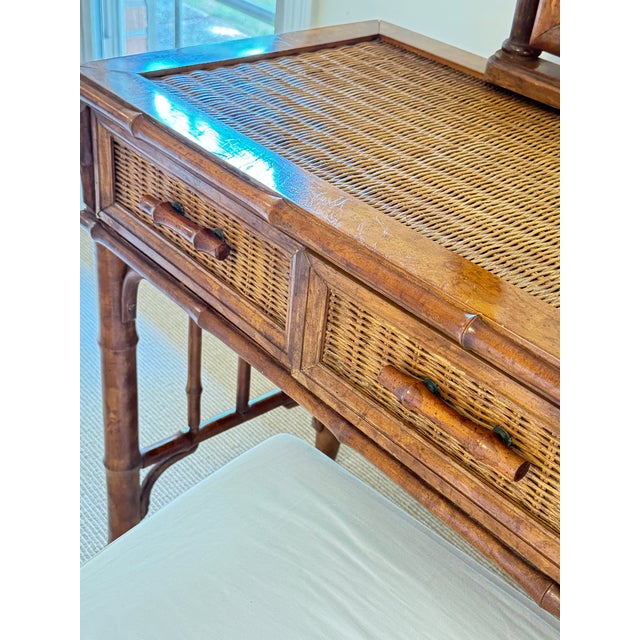 American of Martinsville Vintage Coastal Faux Bamboo Rattan Vanity Desk Console With Detachable Mirror For Sale - Image 15 of 17