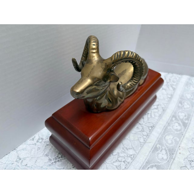 Rustic European Vintage Hollywood Regency Brass Ram Wood Decor Box For Sale - Image 3 of 8