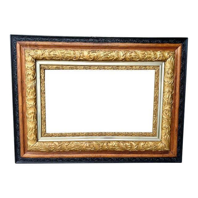 Vintage Mid 20th Century Ornate Wooden Black and Gold Gilt Picture or Mirror Frame For Sale
