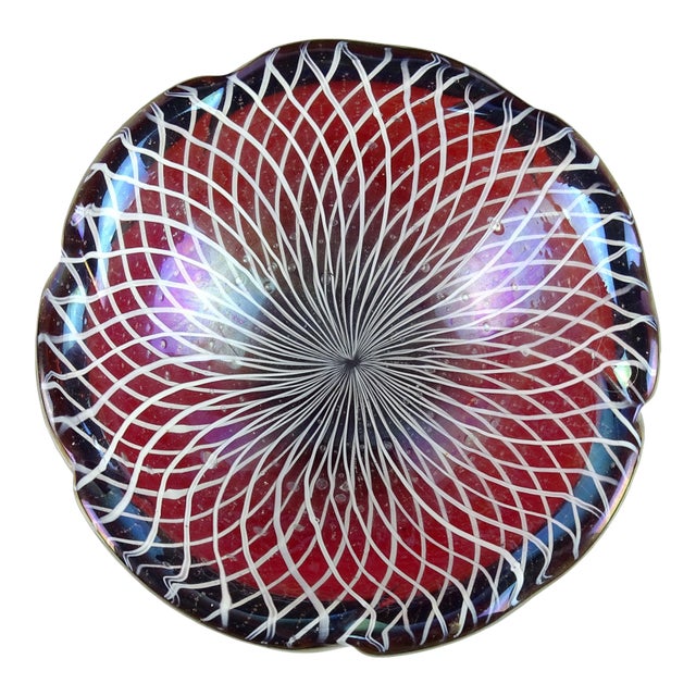 Vintage Murano Red Orange Heavy Iridescent Roticello Ribbons Italian Art Glass Decorative Bowl For Sale