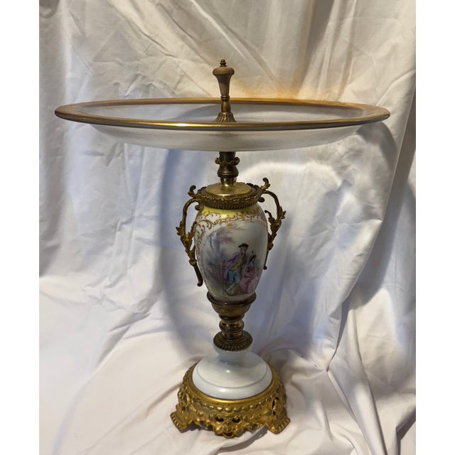An Antique French Sevres-Style Porcelain and Gilt Bronze (Ormolu) Urn or Vase With a Glass Serving Tray. For Sale In Boston - Image 6 of 7