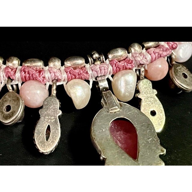 Boho Chic 1980s Australian Rainbow Opal, Pearl and Rhodonite in Thick Sterling Silver Cabochons on Knotted Silk Chord. For Sale - Image 3 of 8