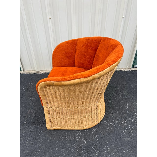 1960's Sculptural Rattan Barrel Chairs in Original Orange Chenille- A Pair For Sale - Image 11 of 12