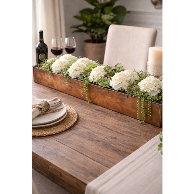 Long rectangular copper planter box with natural aged patina. Suitable for outdoor use or interior styling as a...