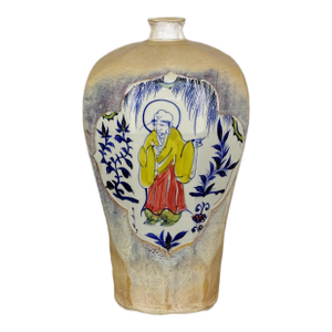 Chinese Vintage Ceramic Vase,Blue and White Doucai Porcelain Plum Vase Hand Painted Buddha Pattern