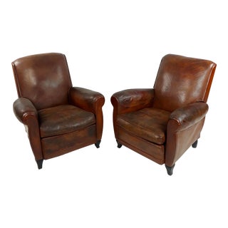 Vintage 1930s French Club Chairs -Brown Leather - a Pair For Sale