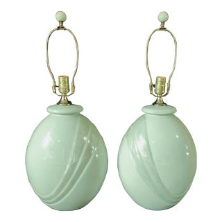 Pair Vintage C1980s Light Green Ceramic Iridescent Stripe Table Lamps W/ Matching Finials For Sale