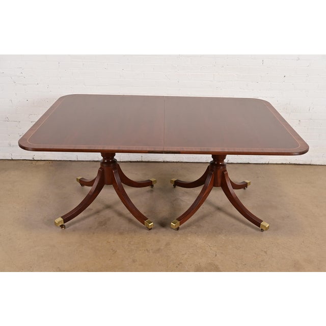 Baker Furniture Company Baker Furniture Historic Charleston Georgian Banded Mahogany Double Pedestal Extension Dining Table, Newly Refinished For Sale - Image 4 of 12