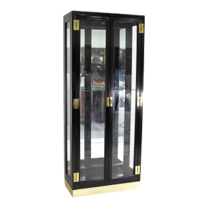 1985 American of Martinsville Black Lacquer Campaign Style Curio Display Cabinet